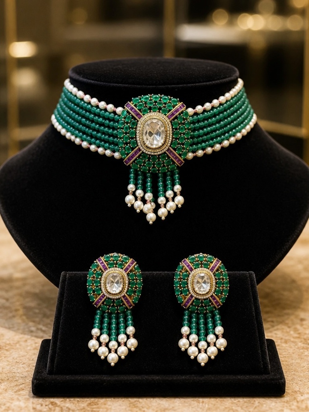Emerald Green Pearl Choker Necklace and Earrings Set